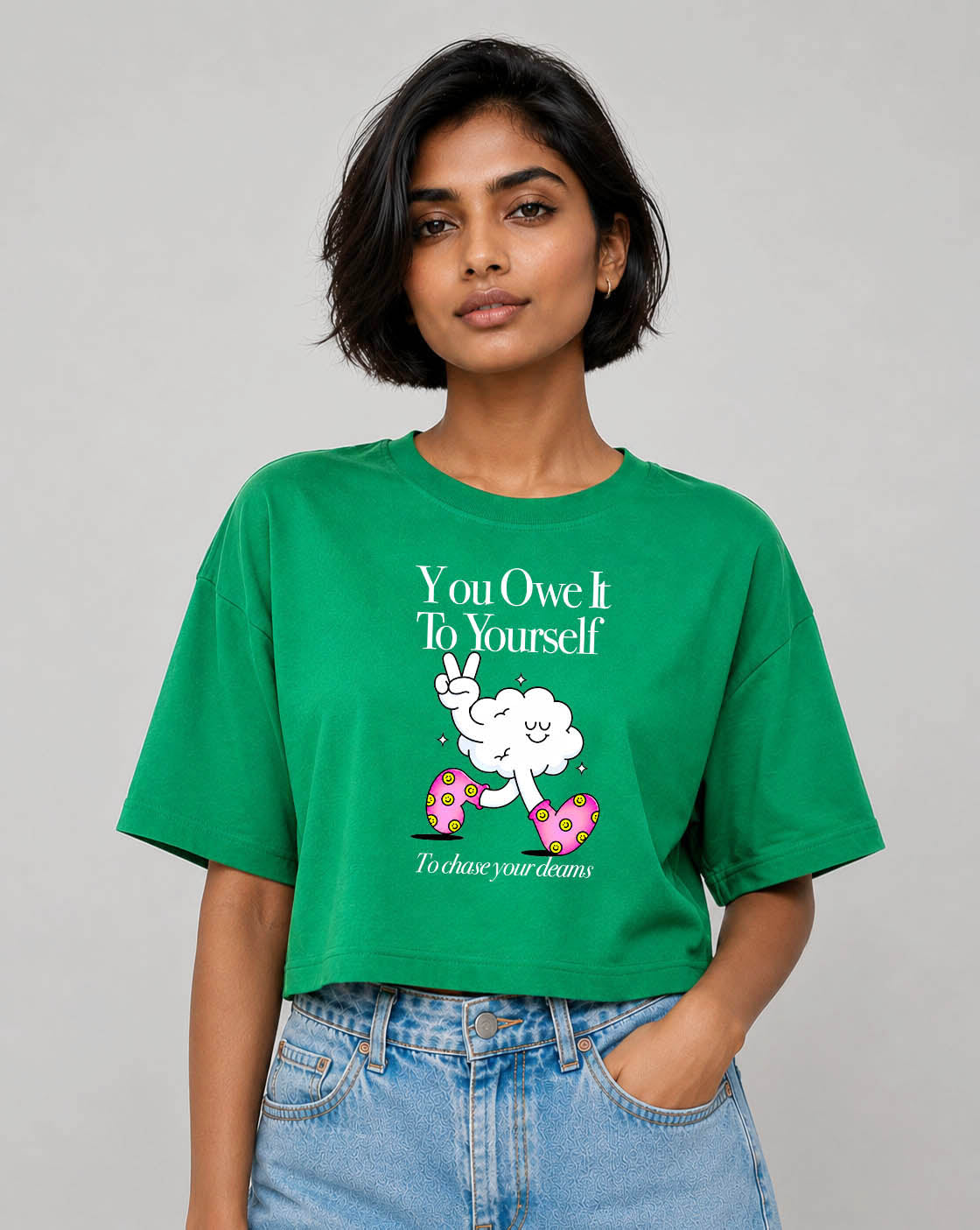 Blik “You Owe It To Yourself” 240 GSM Premium Oversized Crop Tee – Emerald Green