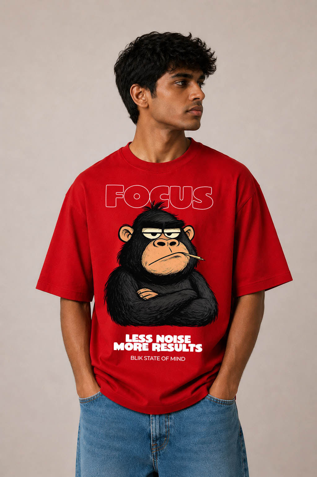 Blik Focus RELAXED FIT 240GSM T-Shirt – Less Noise More Results Graphic Tee (Red)