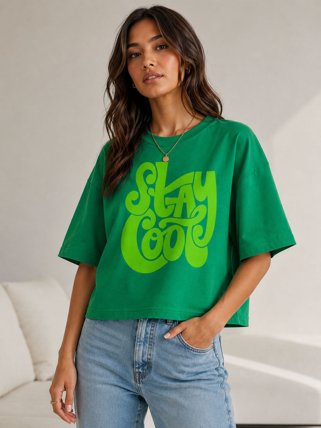 Stay Cool Oversized Cropped T-Shirt – Bright Green
