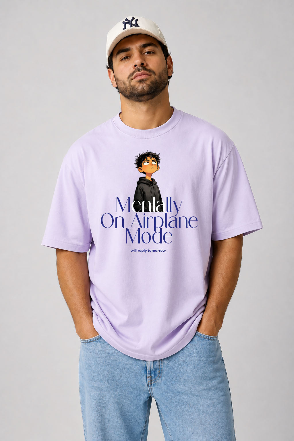 Mentally On Airplane Mode Relaxed Fit T-Shirt – Light Lavender | 240 GSM Premium Cotton