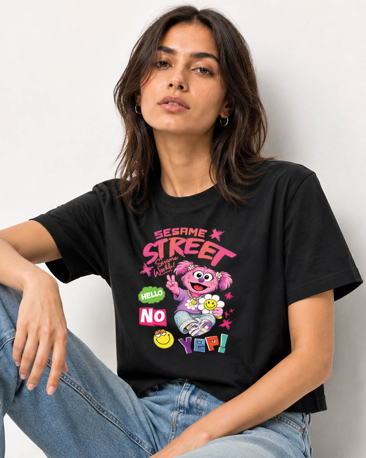 Sesame Street Graphic cropped Tee – Black | 240 GSM Premium Cotton Oversized Fit