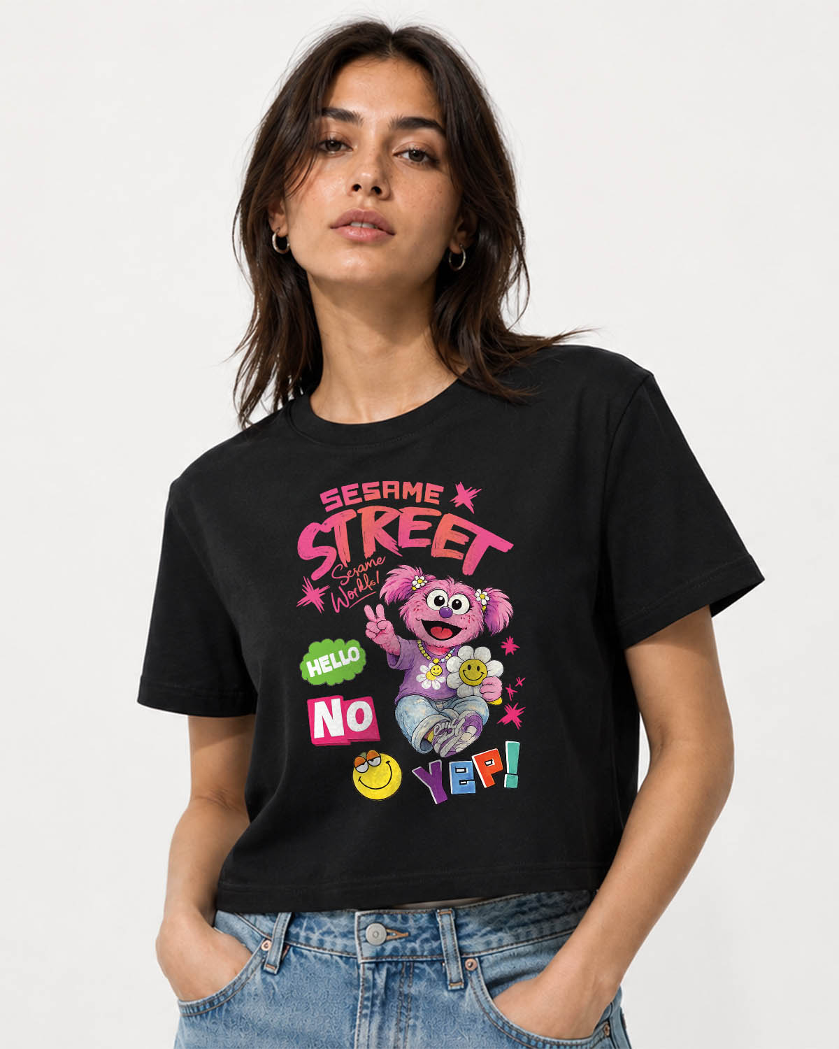 Sesame Street Graphic cropped Tee – Black | 240 GSM Premium Cotton Oversized Fit