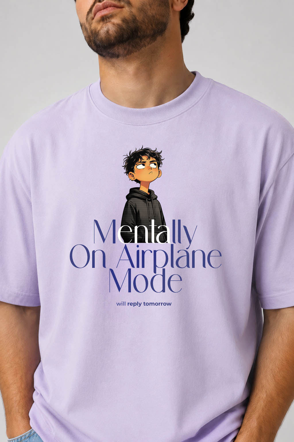 Mentally On Airplane Mode Relaxed Fit T-Shirt – Light Lavender | 240 GSM Premium Cotton