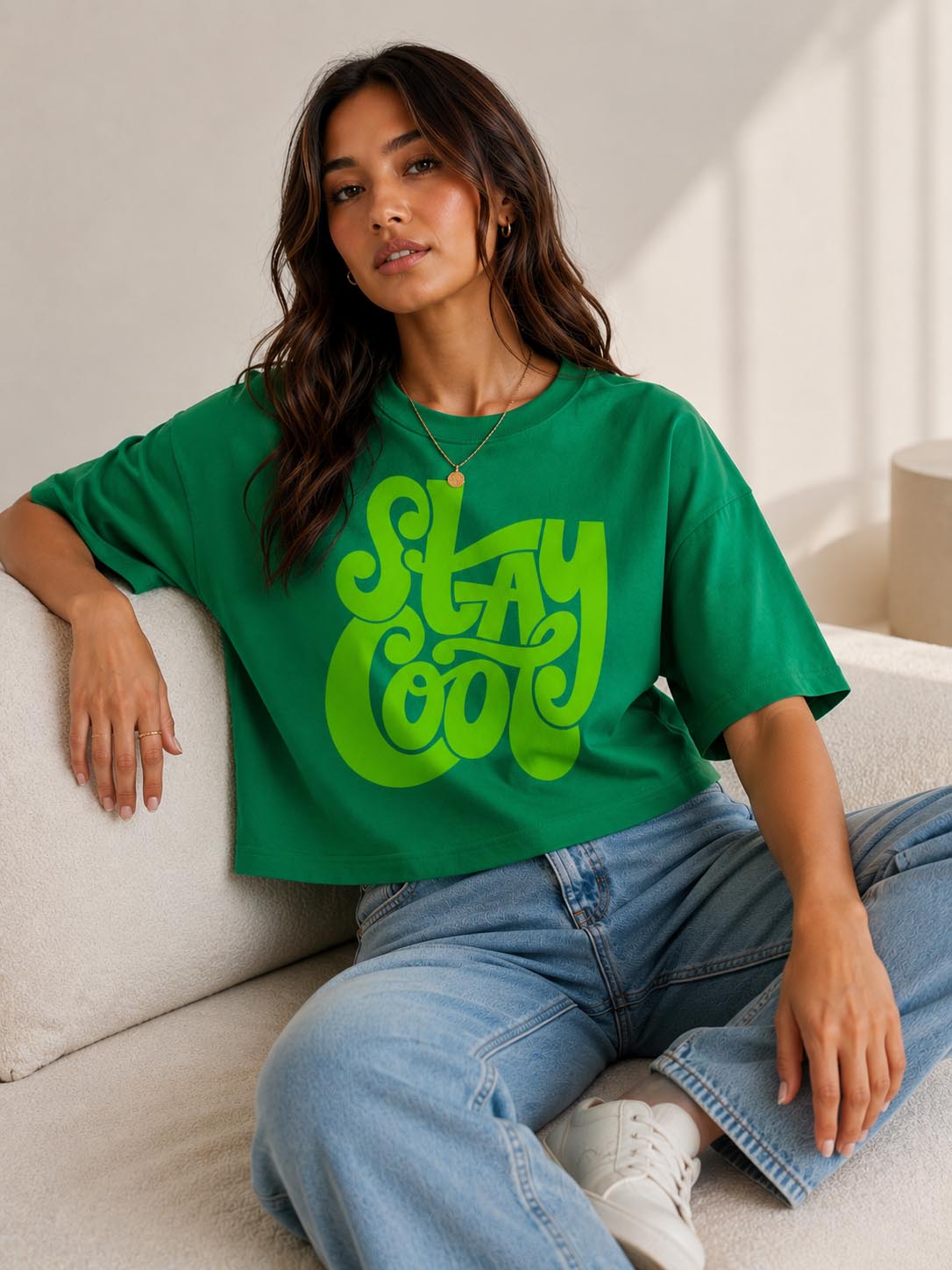 Stay Cool Oversized Cropped T-Shirt – Bright Green