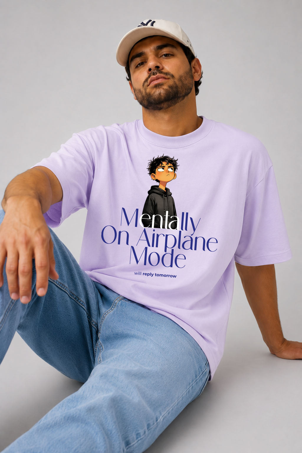 Mentally On Airplane Mode Relaxed Fit T-Shirt – Light Lavender | 240 GSM Premium Cotton