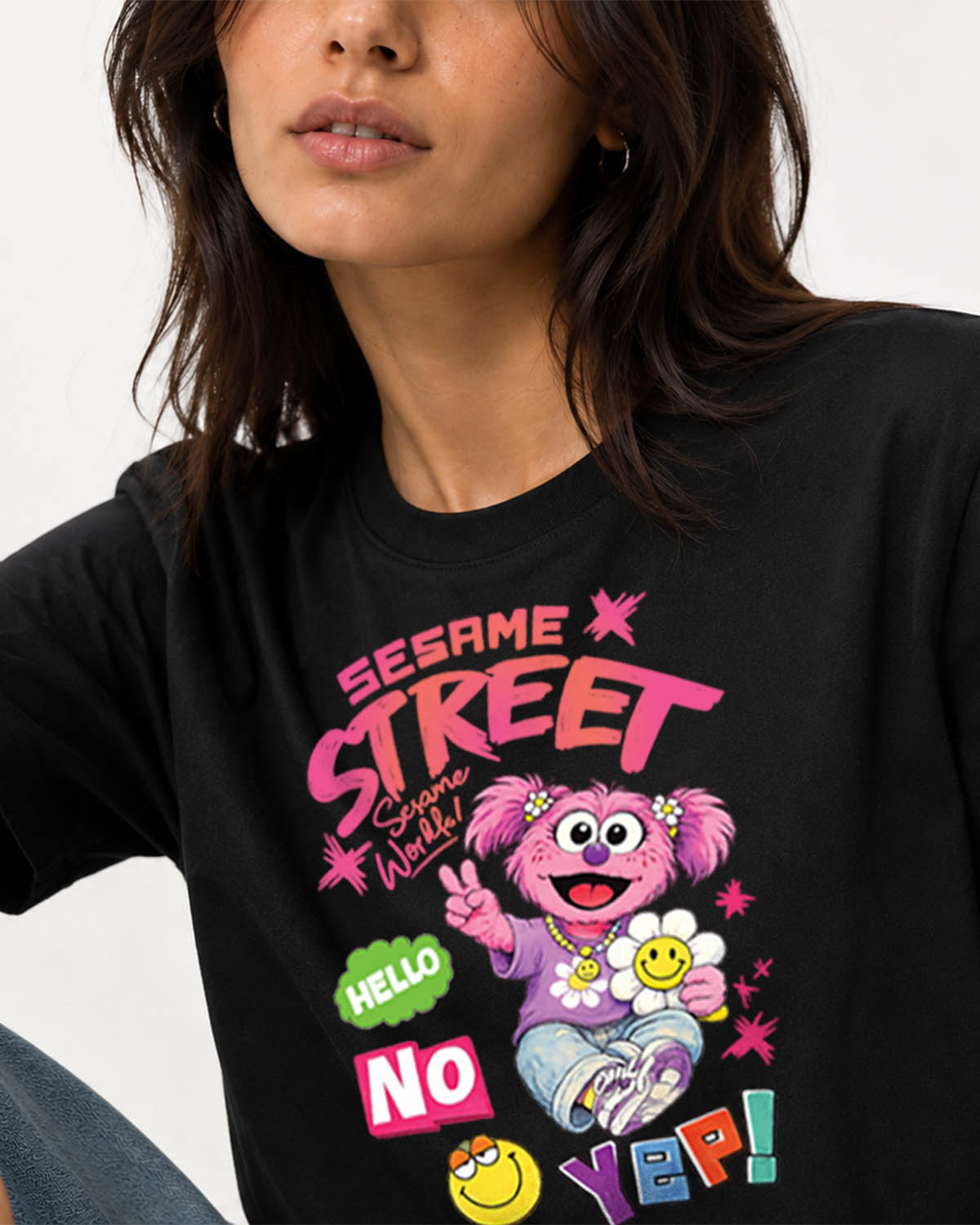 Sesame Street Graphic cropped Tee – Black | 240 GSM Premium Cotton Oversized Fit